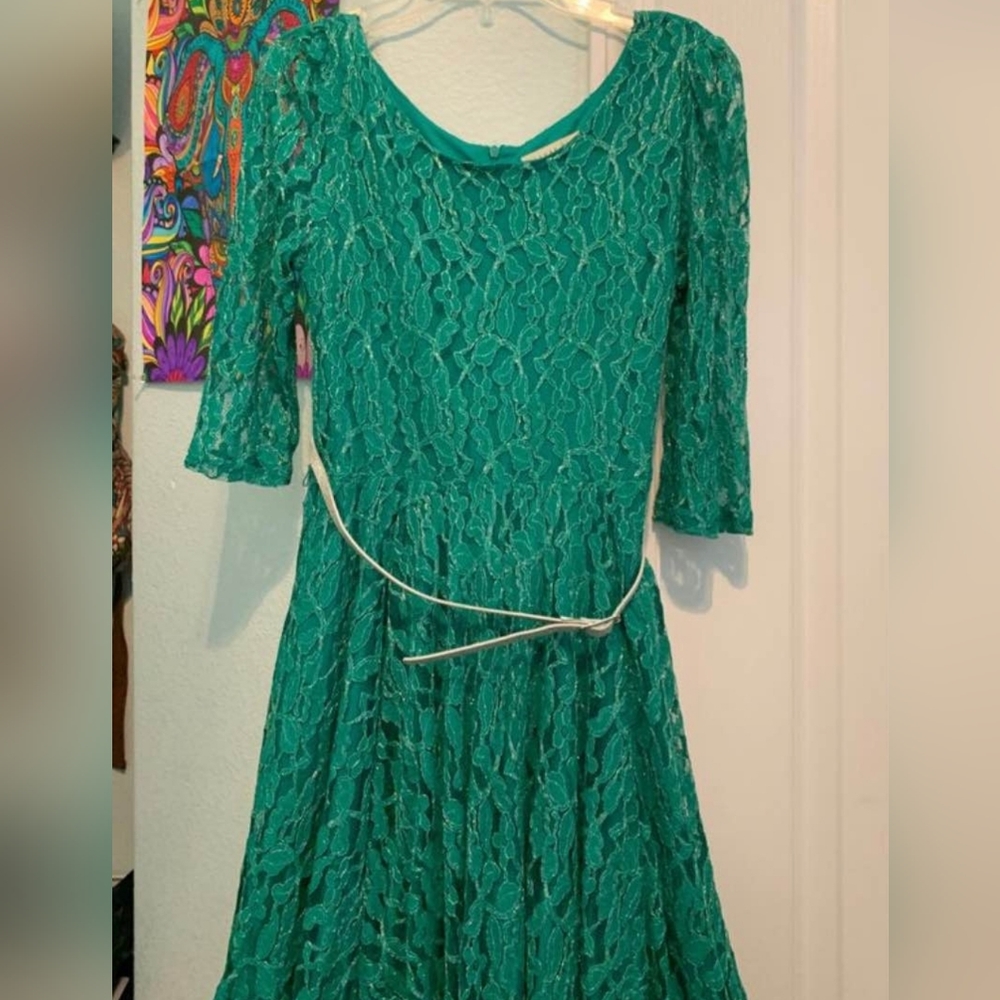 Girls copper key size 16 green floral embroidered dress